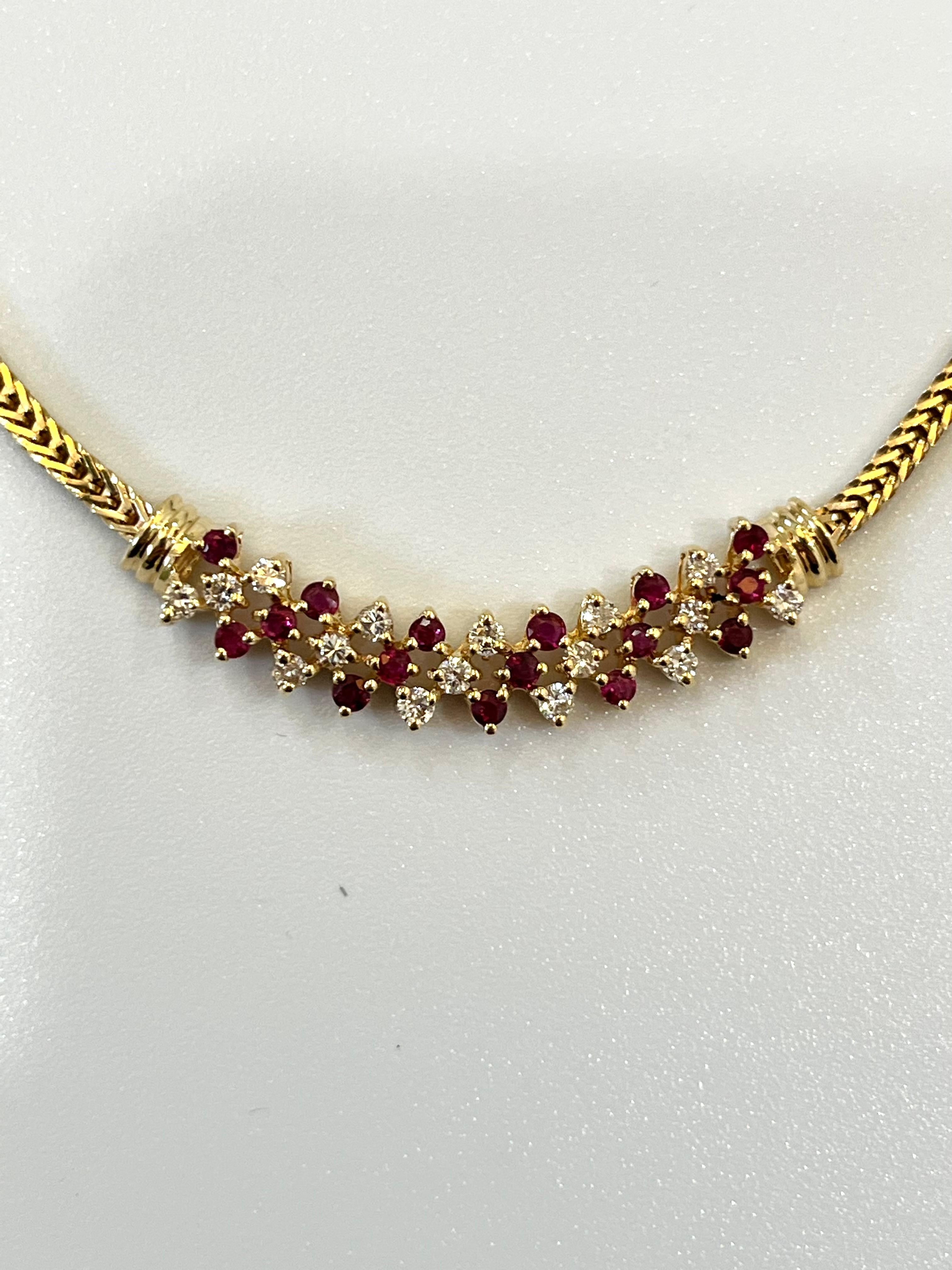Modern Round Ruby and Diamond Integral 14k Gold Cluster Necklace For Sale