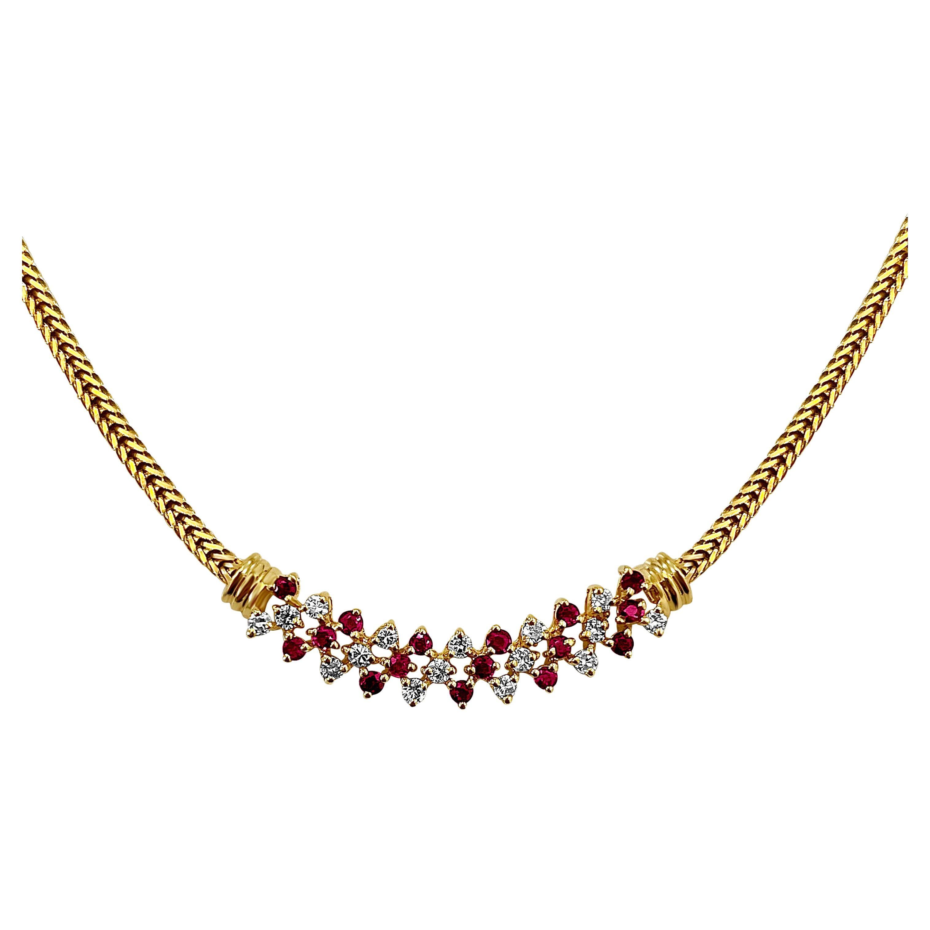 Round Ruby and Diamond Integral 14k Gold Cluster Necklace