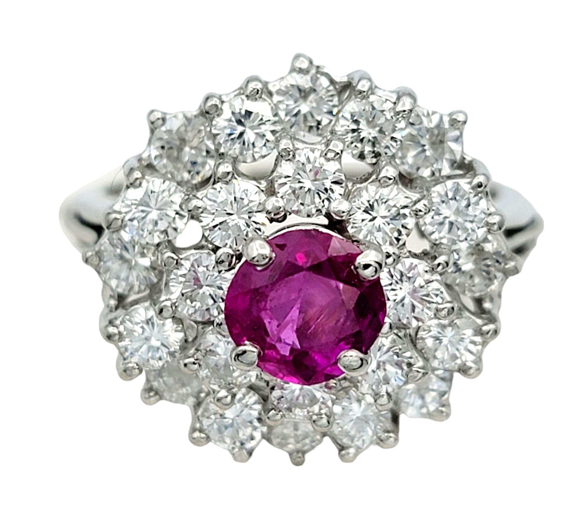 Contemporary Round Ruby and Diamond Stacked Ballerina Clustered Dome Ring Set in Platinum For Sale