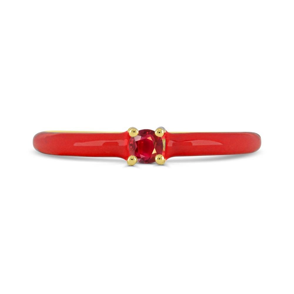 This elegant ring features one round-cut ruby prong sets between red enamel shank on top of a slim band sterling silver ring . 

Metal: 14K Yellow Gold over Sterling Silver
Gemstone:
Ruby: Round-Cut - 3.0mm

This ring is available in ladies' size 6,