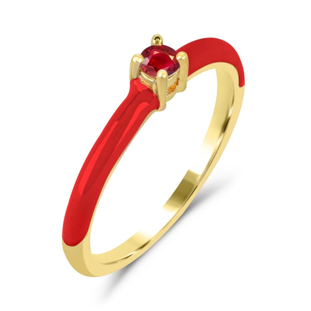 Contemporary Round Ruby and Red Enamel Slim Band Ring in 14K Yellow Gold over Sterling Silver For Sale