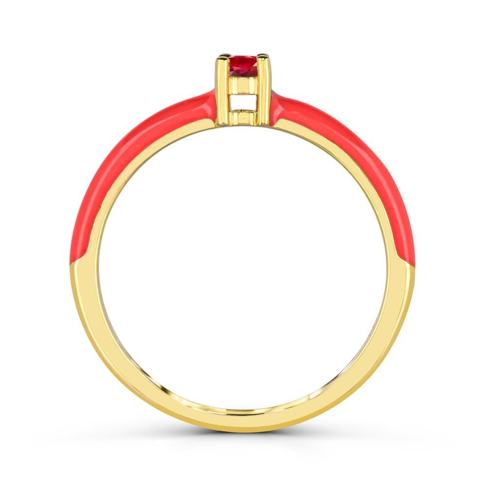 Round Cut Round Ruby and Red Enamel Slim Band Ring in 14K Yellow Gold over Sterling Silver For Sale