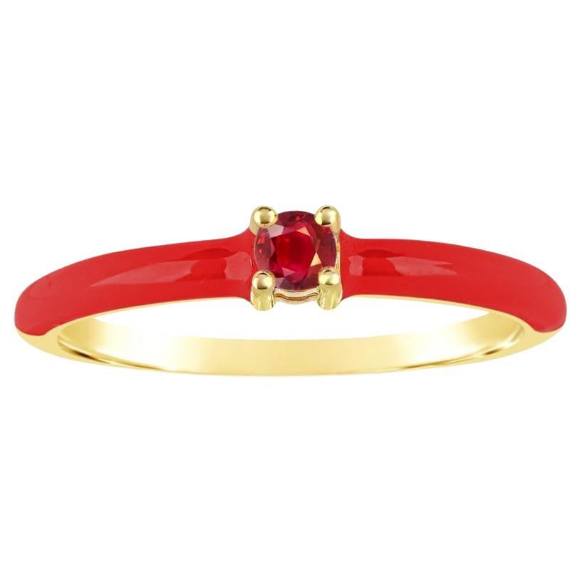 Round Ruby and Red Enamel Slim Band Ring in 14K Yellow Gold over Sterling Silver For Sale