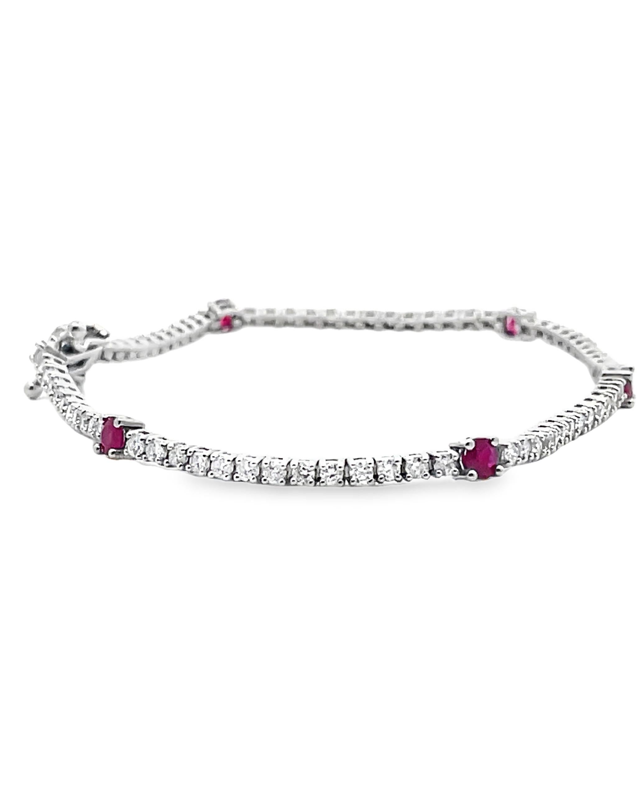 Contemporary Round Ruby and Round Diamond Tennis Bracelet in 14K White Gold For Sale