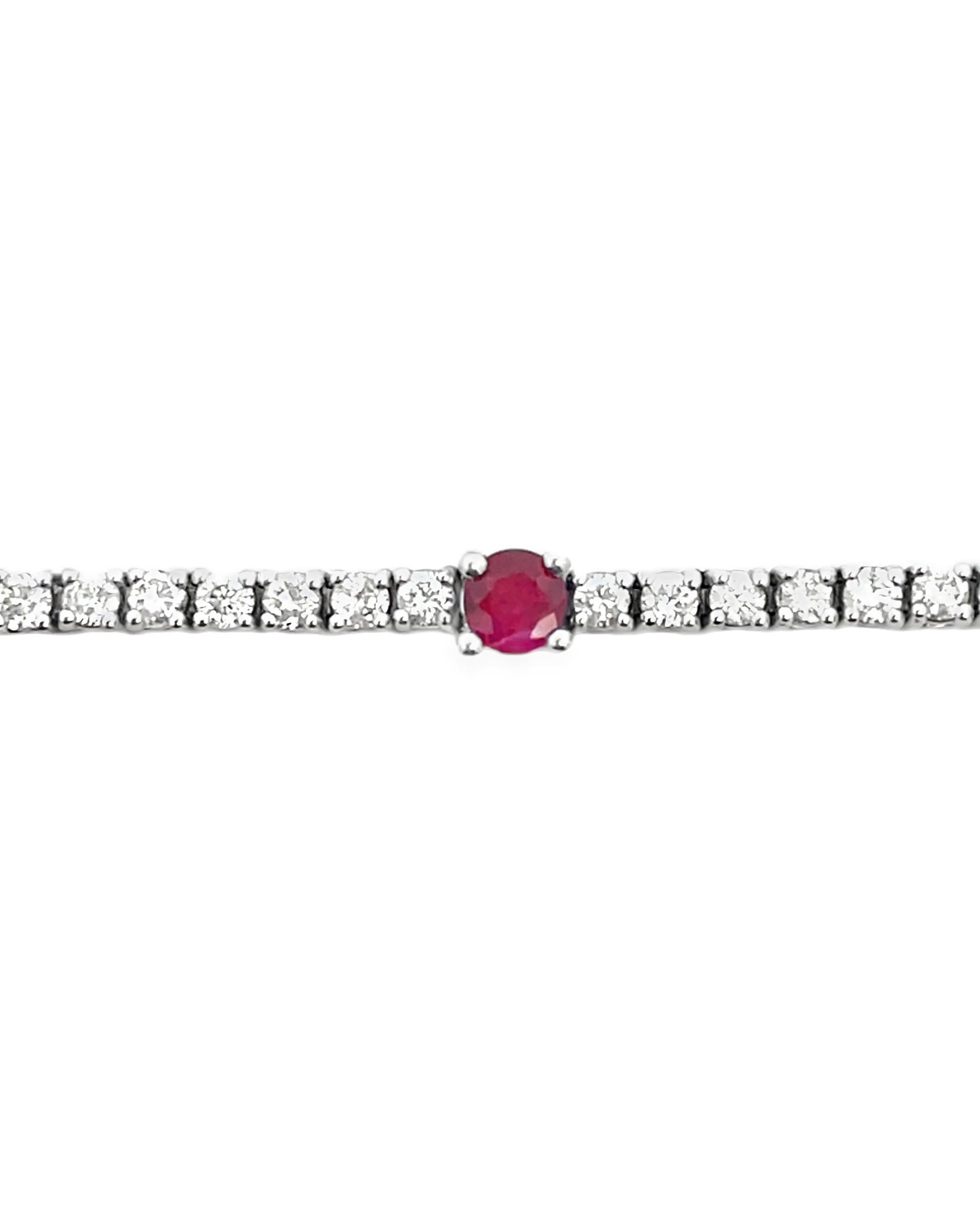 Round Cut Round Ruby and Round Diamond Tennis Bracelet in 14K White Gold For Sale