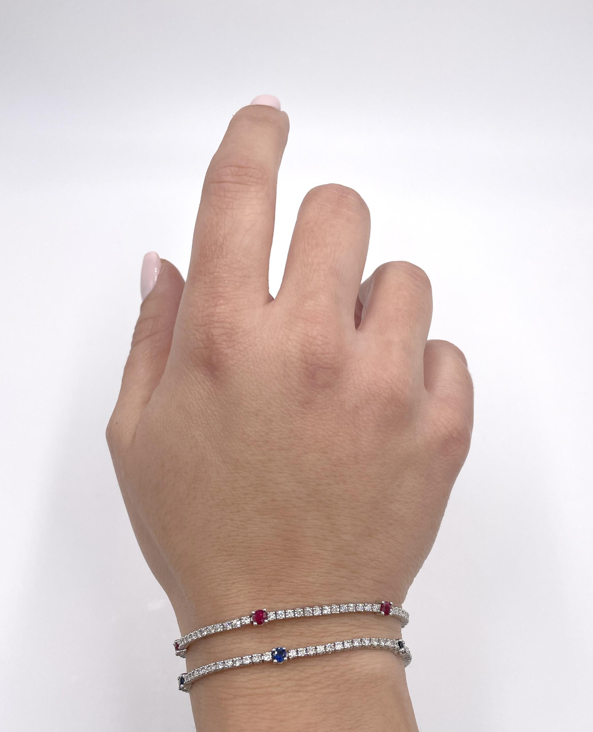 Round Ruby and Round Diamond Tennis Bracelet in 14K White Gold In New Condition For Sale In Old Tappan, NJ