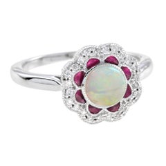 Round Ruby Diamond Art Deco Style Halo Set 14K White Gold Ring