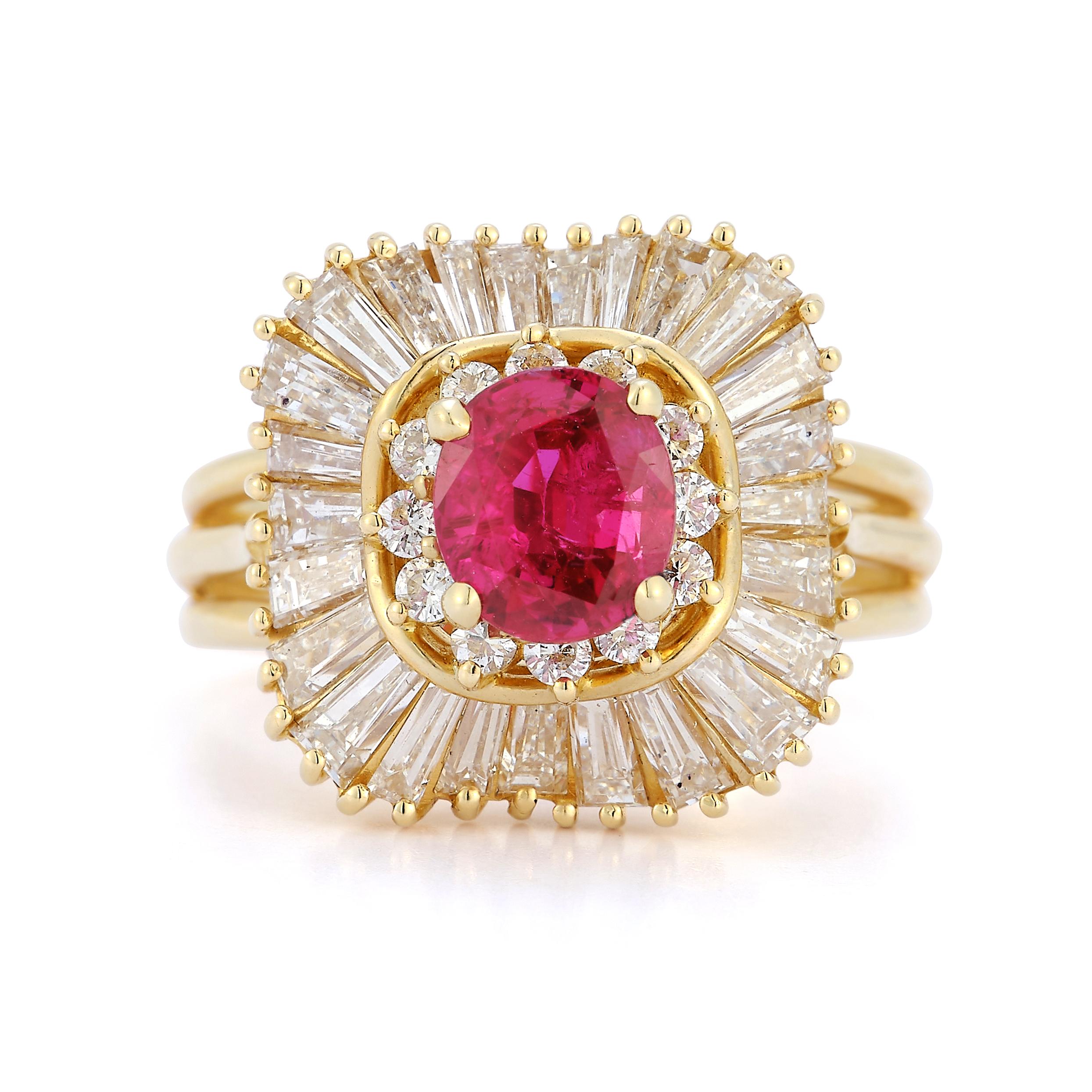 Ruby & Diamond Ballerina Ring, A ballerina ring with center oval ruby approximately  1.50 ct surrounded by 24 tapered baguette diamonds approximately 1.85 ct and 12 brilliant diamonds approximately .21 ct

Ring Size: 6.5

14 karat yellow gold