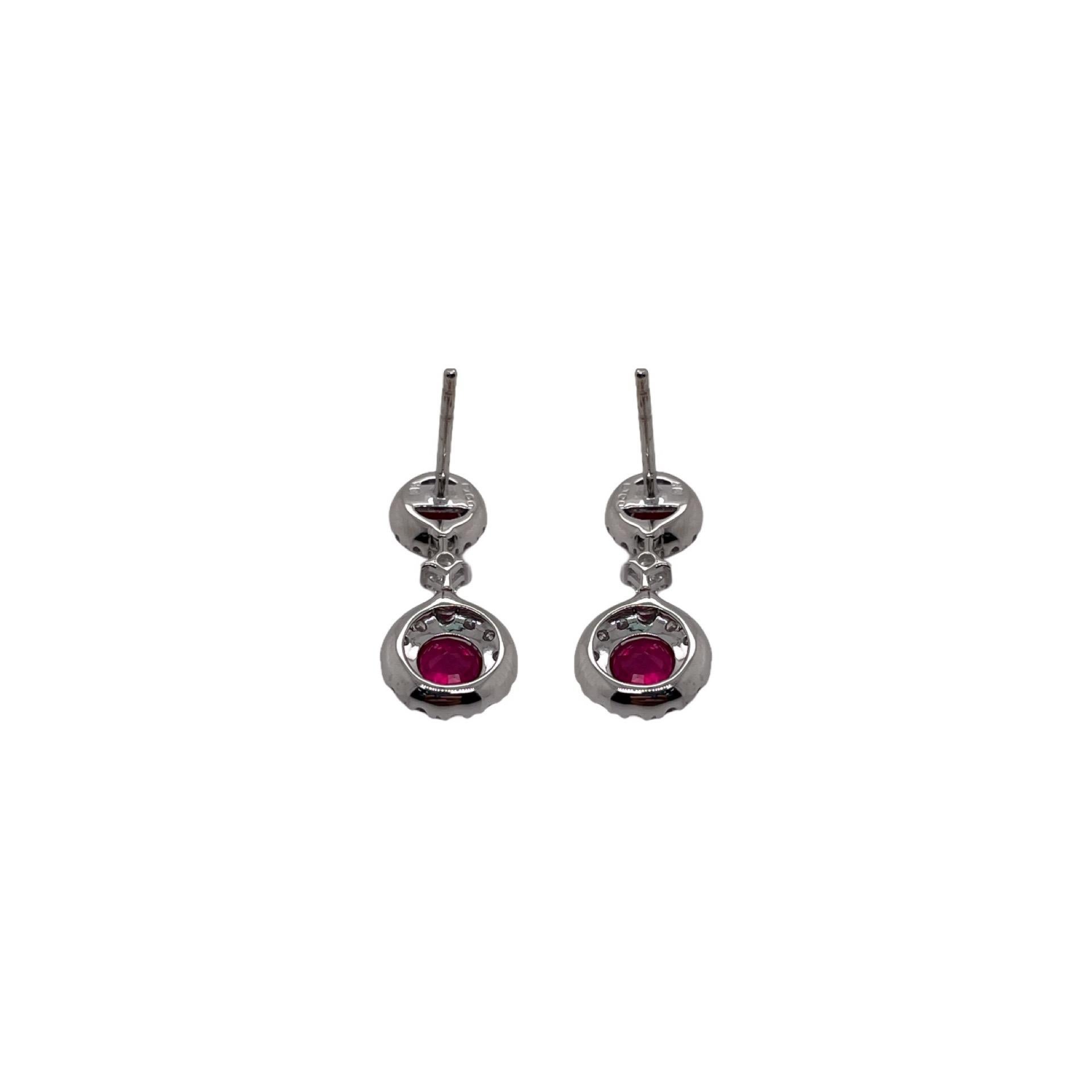 Round Cut Round Ruby & Diamond Drop Earrings in 18K White Gold