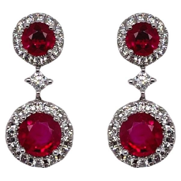 Round Ruby & Diamond Drop Earrings in 18K White Gold