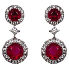 Round Ruby & Diamond Drop Earrings in 18K White Gold