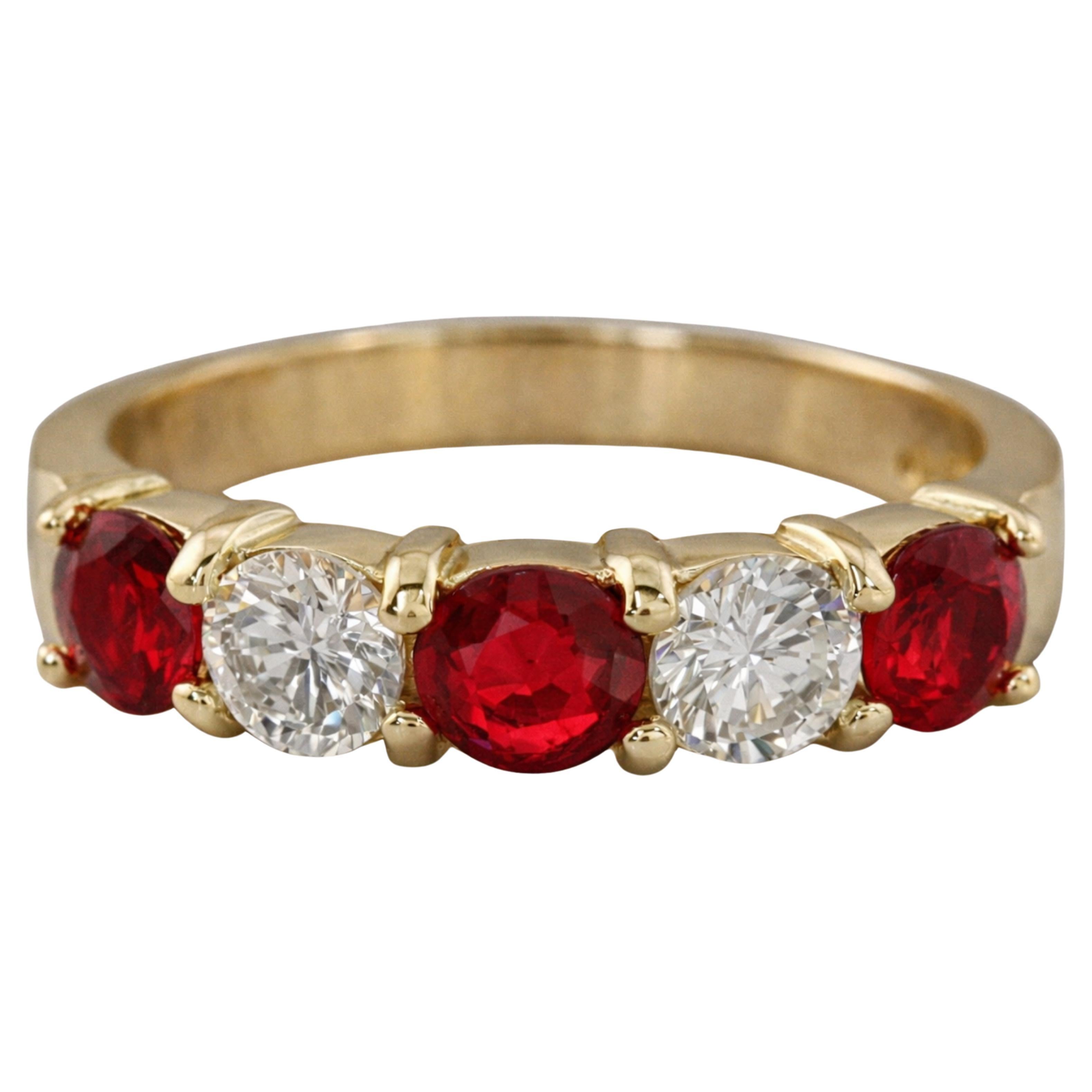 Round Ruby 
Diamond Five-Stone Wedding Band Ring For Sale