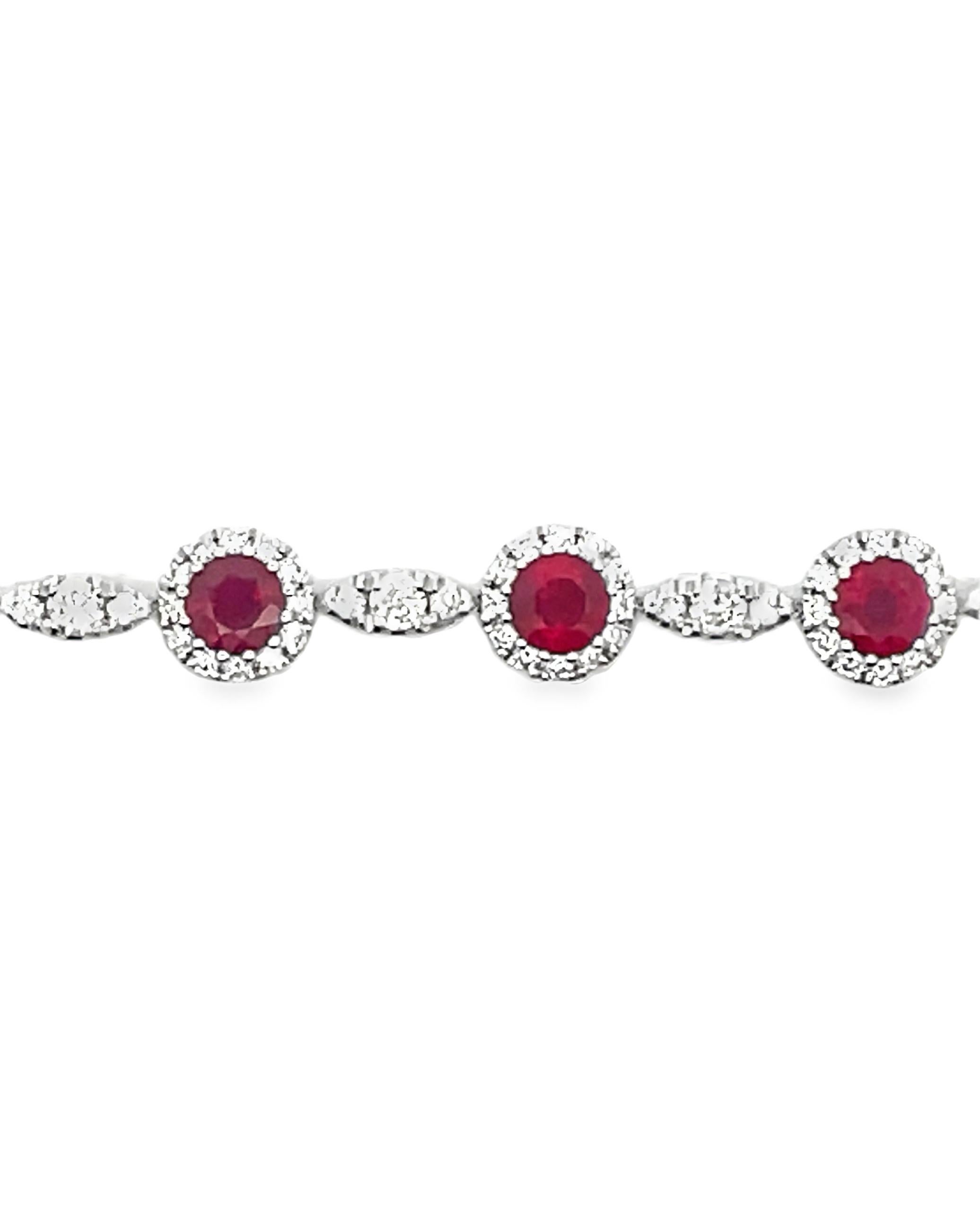 Contemporary Round Ruby & Diamond Tennis Bracelet in 14K White Gold For Sale