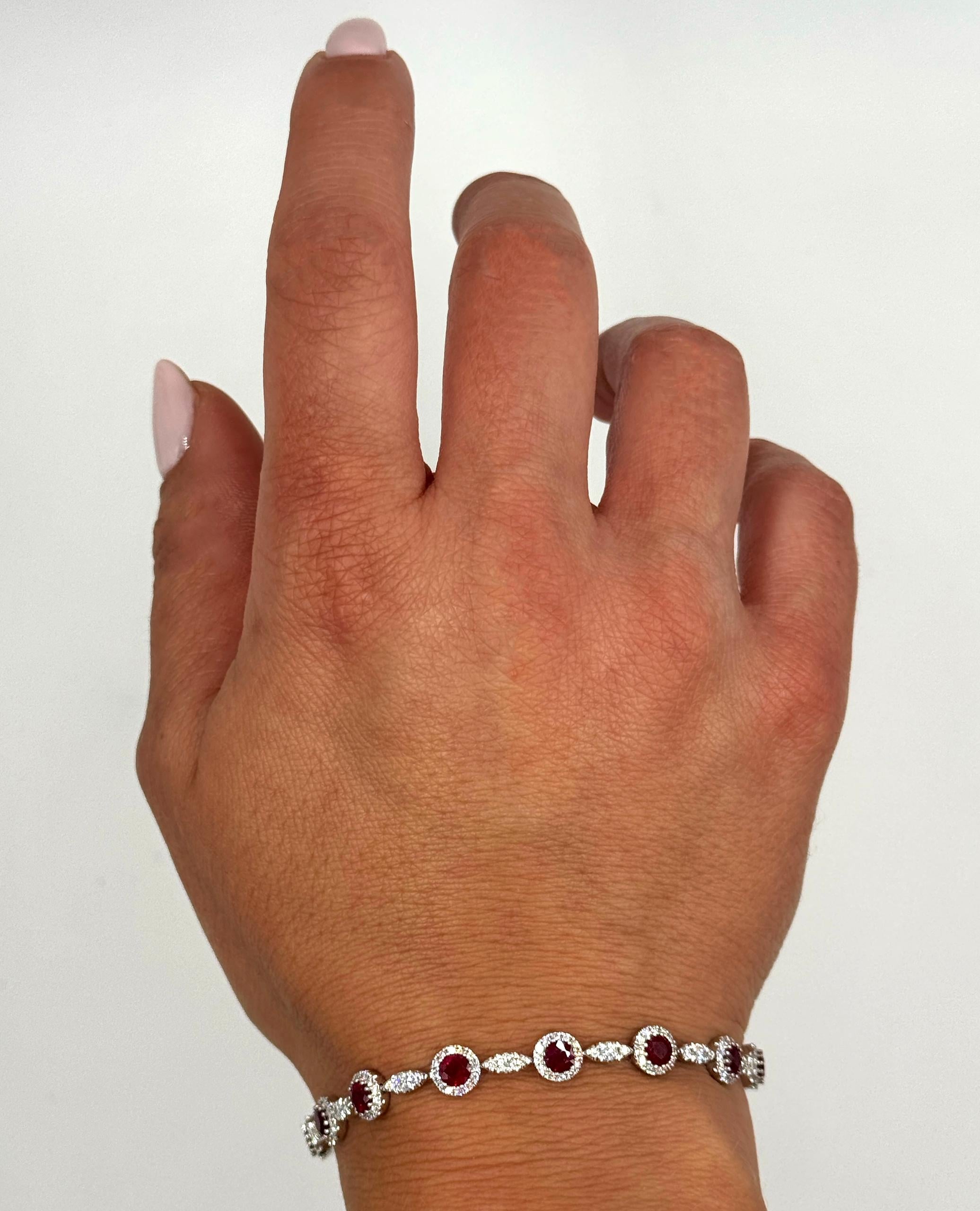 Round Cut Round Ruby & Diamond Tennis Bracelet in 14K White Gold For Sale