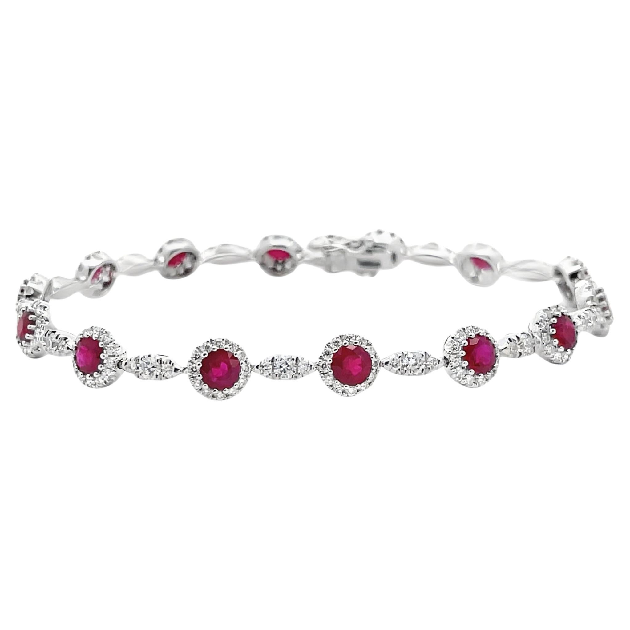 Round Ruby & Diamond Tennis Bracelet in 14K White Gold