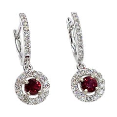 Round Ruby Drop Earrings in 18K White Gold with Halo Diamonds & Hinged Leverback