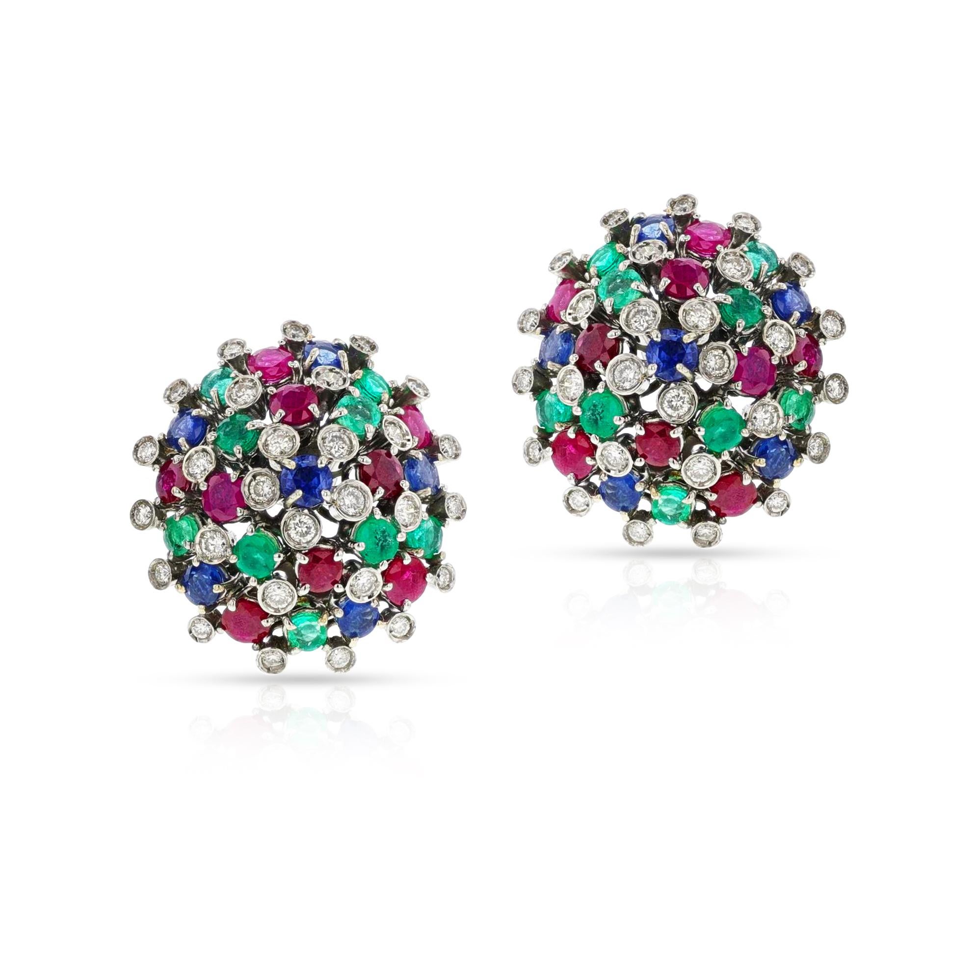 This timeless set of earrings offers the perfect mix of classic elegance and modern flair. Expertly crafted in 18k White Gold, they feature round cut rubies, sapphires, emeralds, and diamonds, each weighing 30.64 grams and measuring 1.2