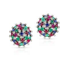 Round Ruby, Emerald, Sapphire and Diamond Dome Earrings, 18k
