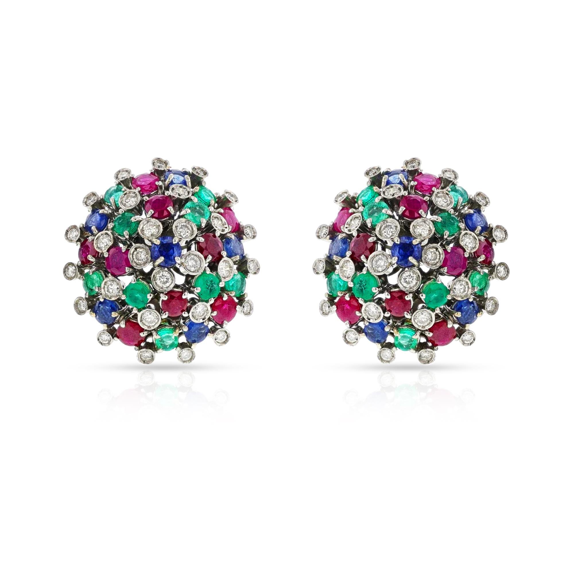 Round Cut Round Ruby, Emerald, Sapphire and Diamond Dome Earrings, 18k For Sale