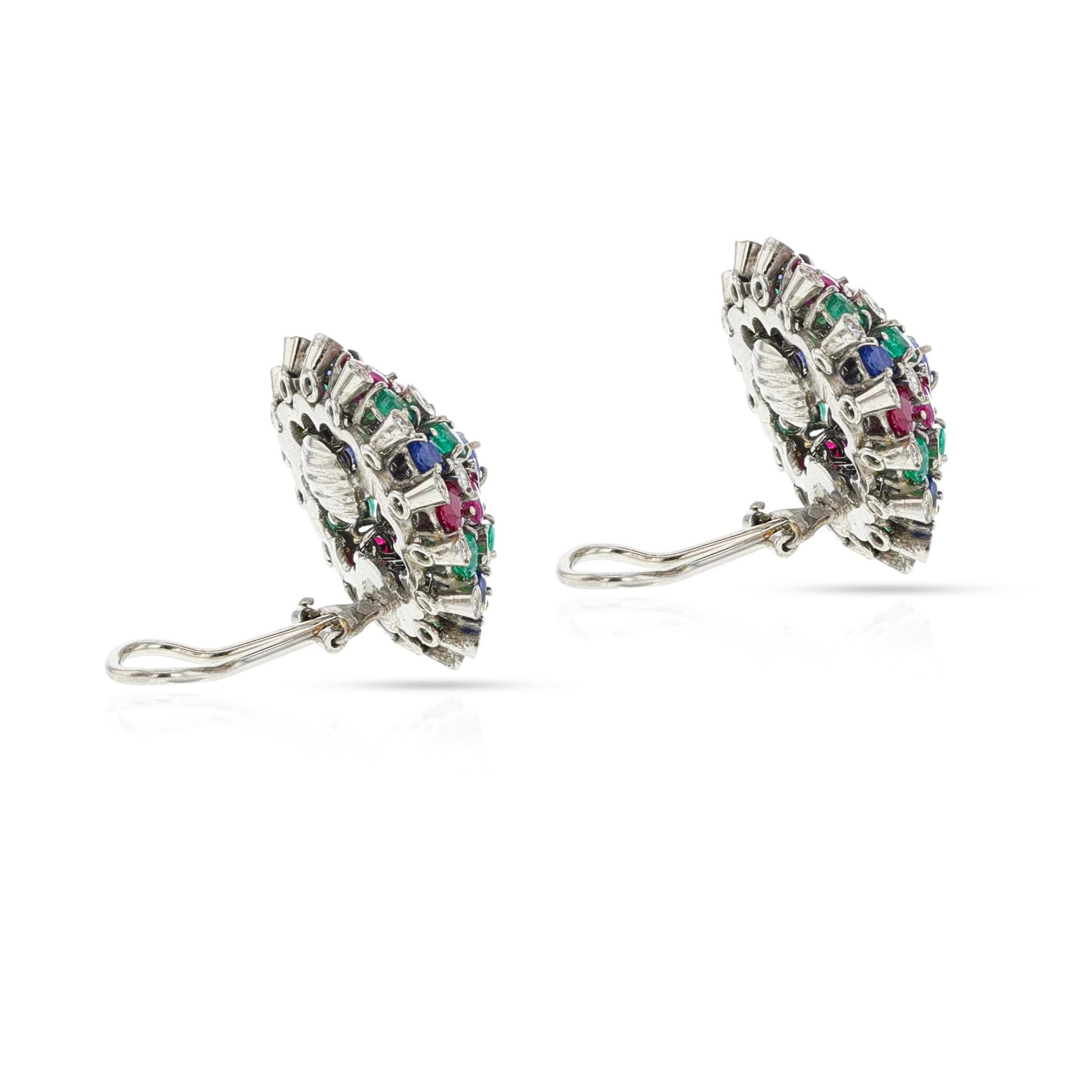Round Ruby, Emerald, Sapphire and Diamond Dome Earrings, 18k In Excellent Condition For Sale In New York, NY