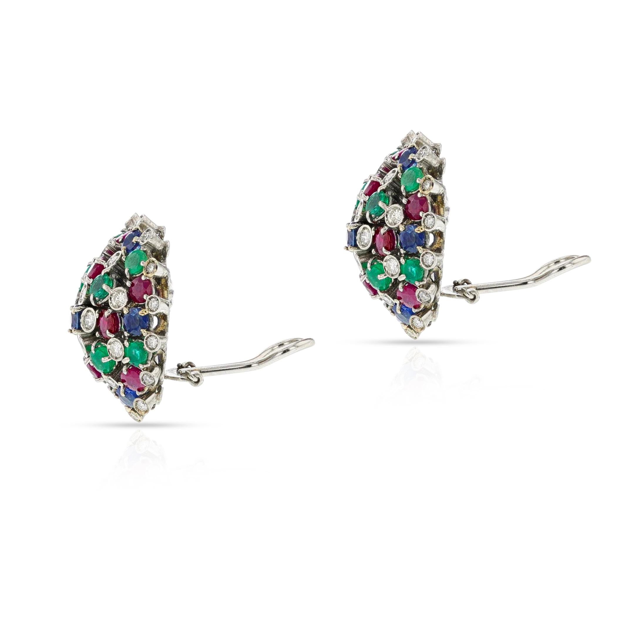 Women's or Men's Round Ruby, Emerald, Sapphire and Diamond Dome Earrings, 18k For Sale