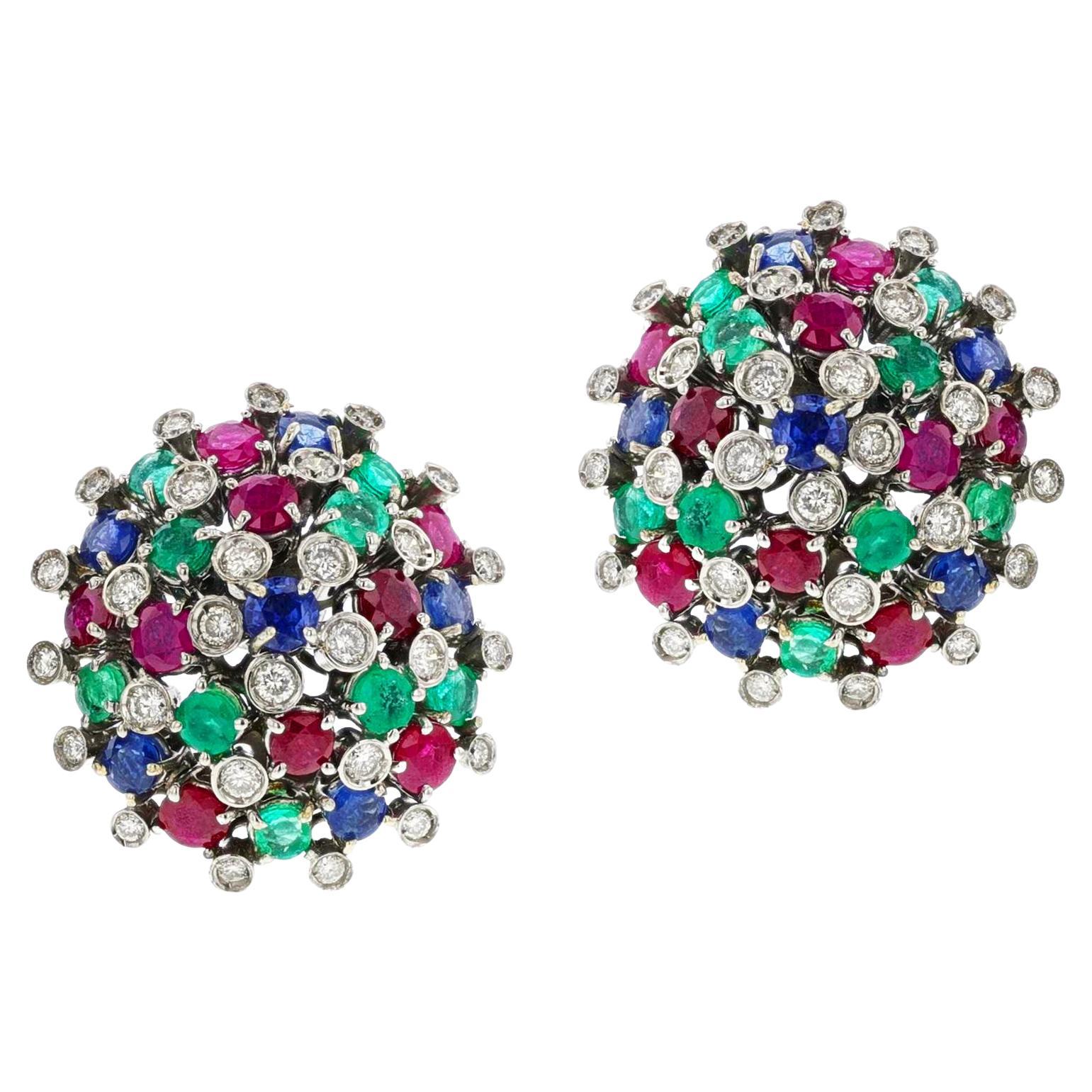Round Ruby, Emerald, Sapphire and Diamond Dome Earrings, 18k For Sale