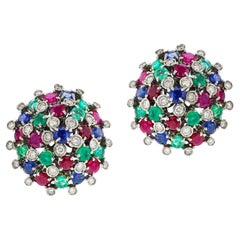 Vintage Round Ruby, Emerald, Sapphire and Diamond Dome Earrings, 18k