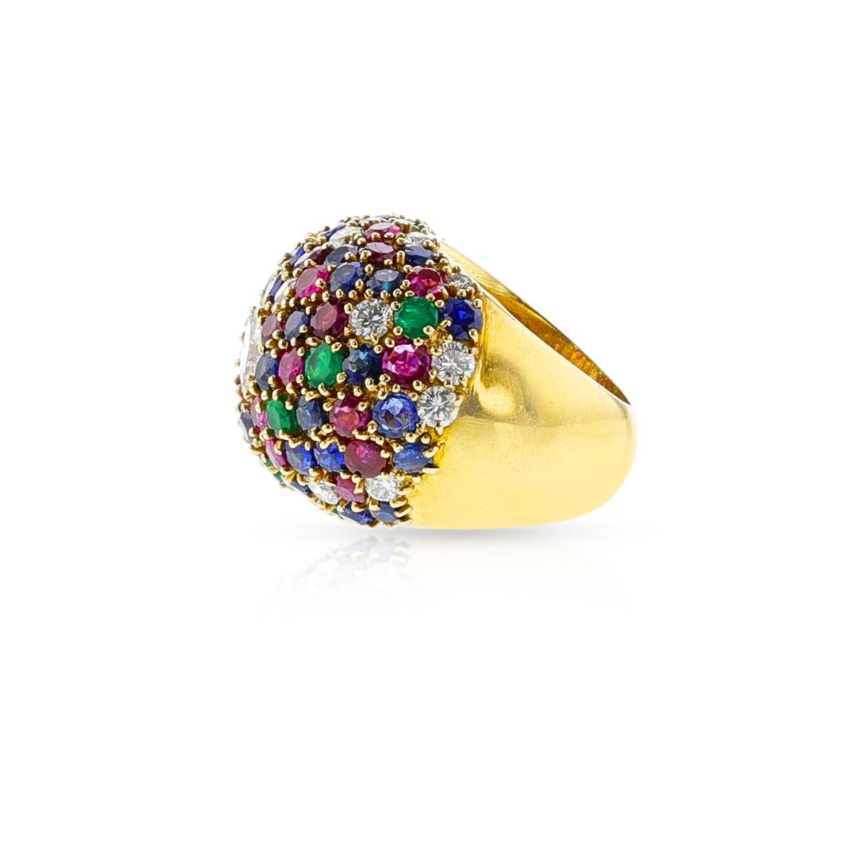Marquise Cut Round Ruby, Emerald, Sapphire and Marquise Diamond Bombe Ring, 18k Yellow For Sale