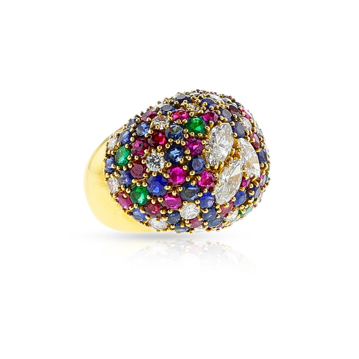 Round Ruby, Emerald, Sapphire and Marquise Diamond Bombe Ring, 18k Yellow In Excellent Condition For Sale In New York, NY