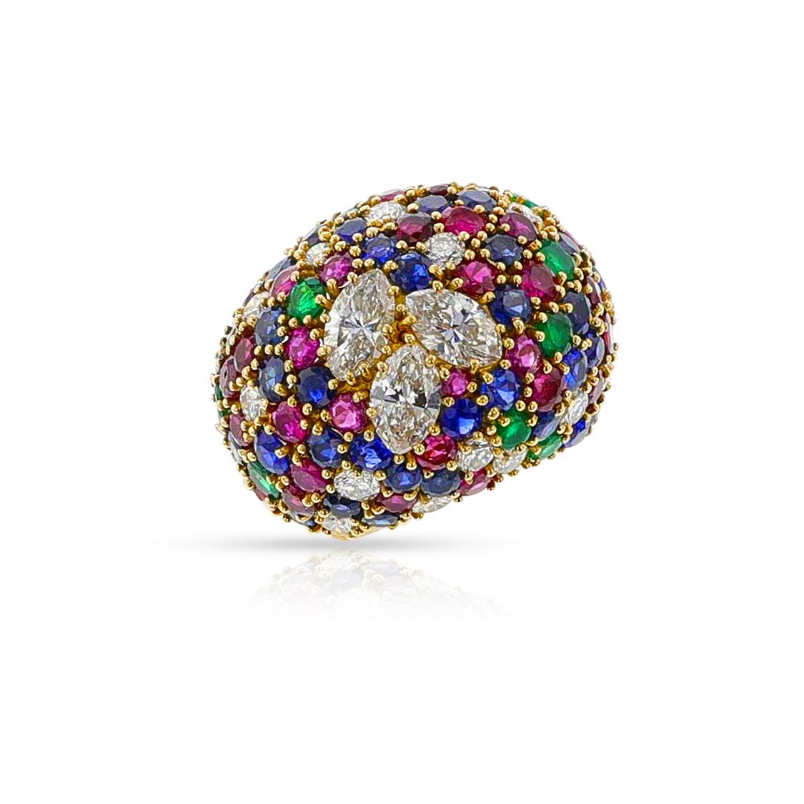 Women's or Men's Round Ruby, Emerald, Sapphire and Marquise Diamond Bombe Ring, 18k Yellow For Sale