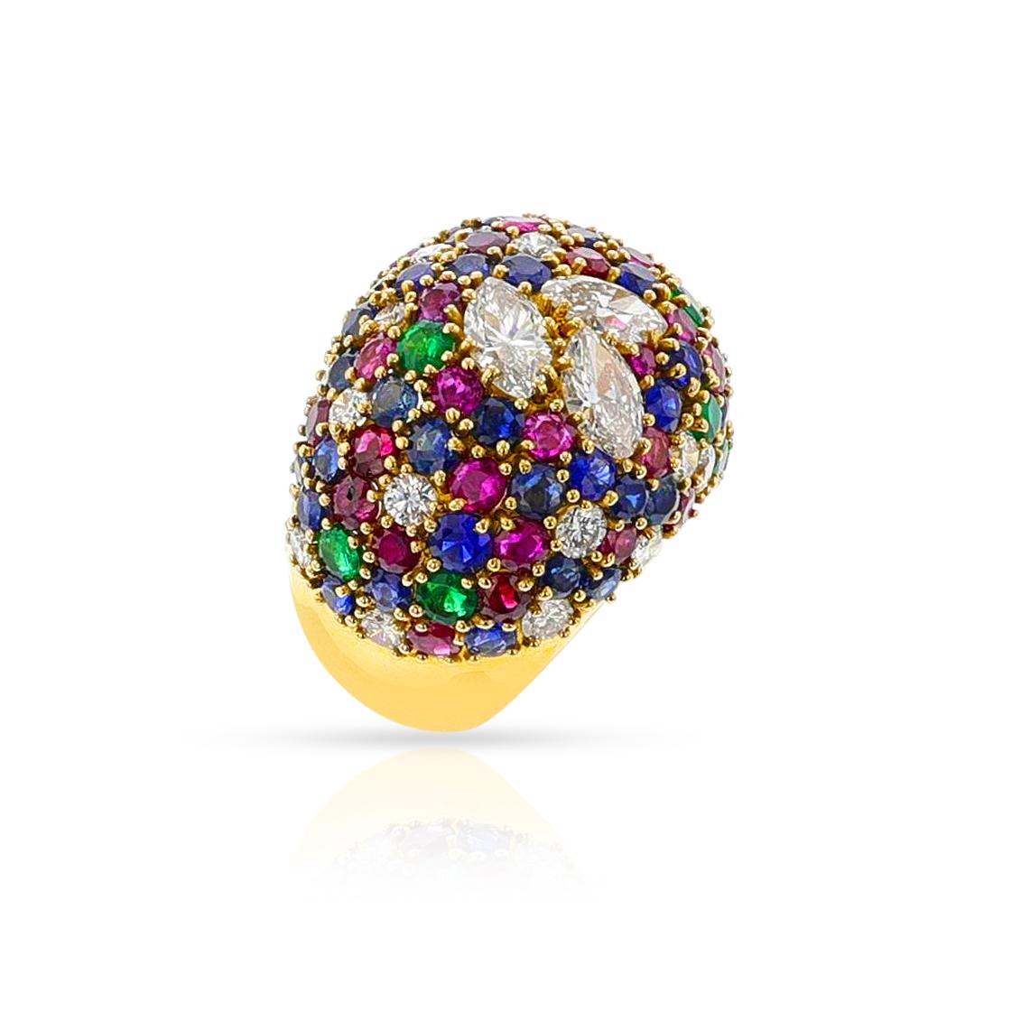 Round Ruby, Emerald, Sapphire and Marquise Diamond Bombe Ring, 18k Yellow For Sale 1