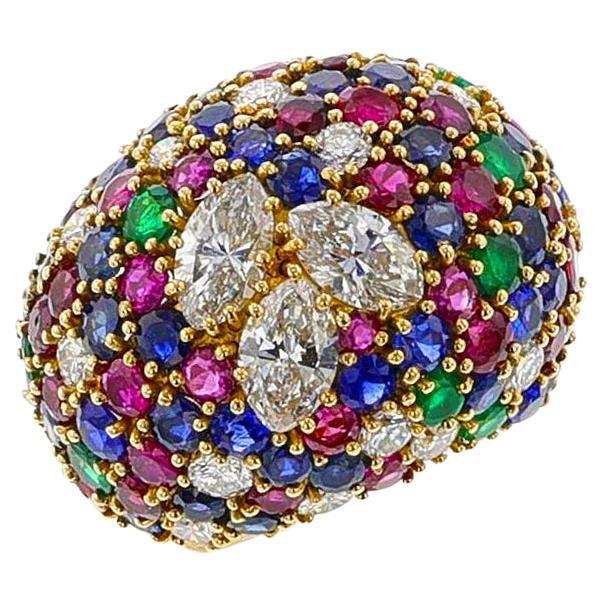 Round Ruby, Emerald, Sapphire and Marquise Diamond Bombe Ring, 18k Yellow For Sale