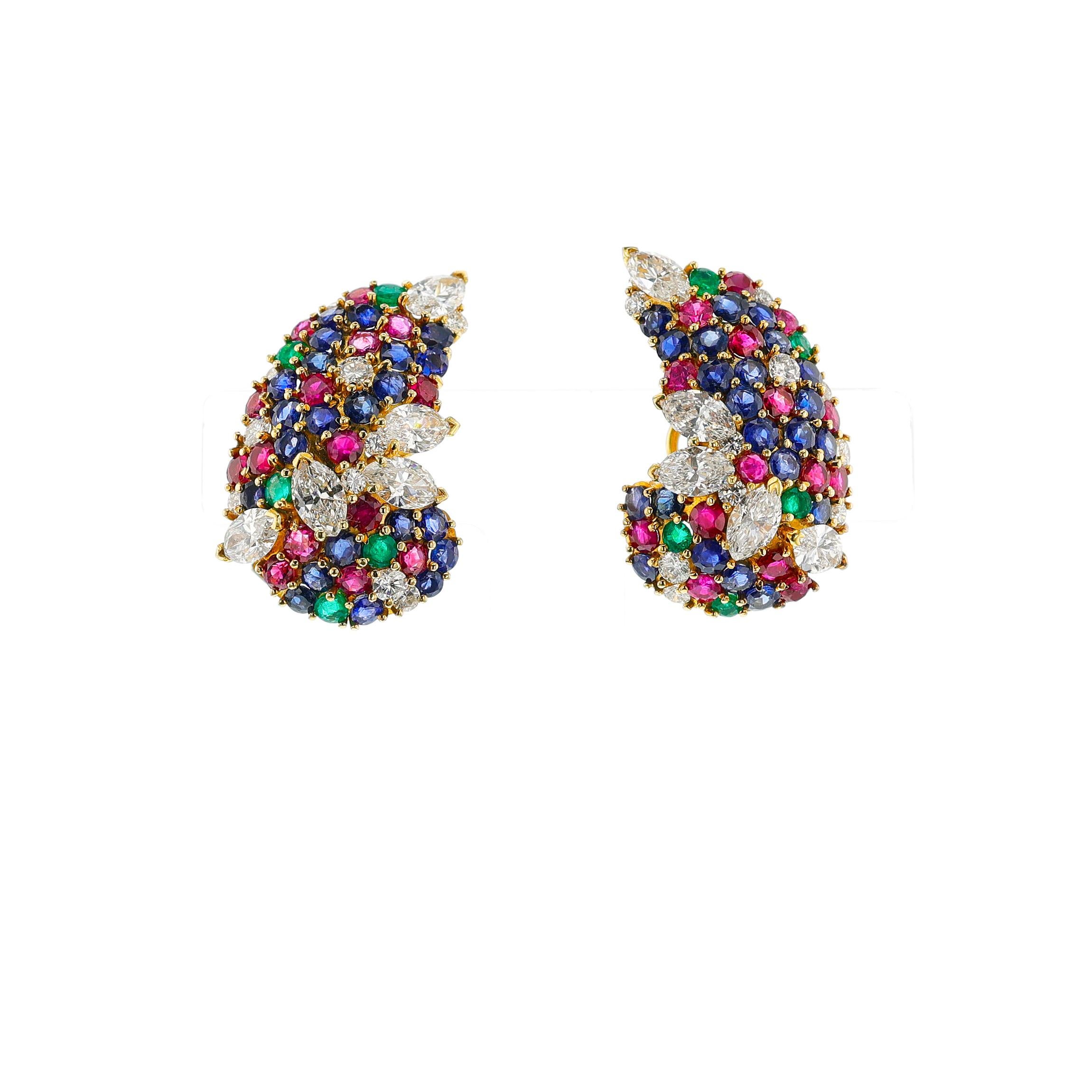 Marquise Cut Round Ruby, Emerald, Sapphire and Marquise Diamond Cocktail Earrings, 18k For Sale