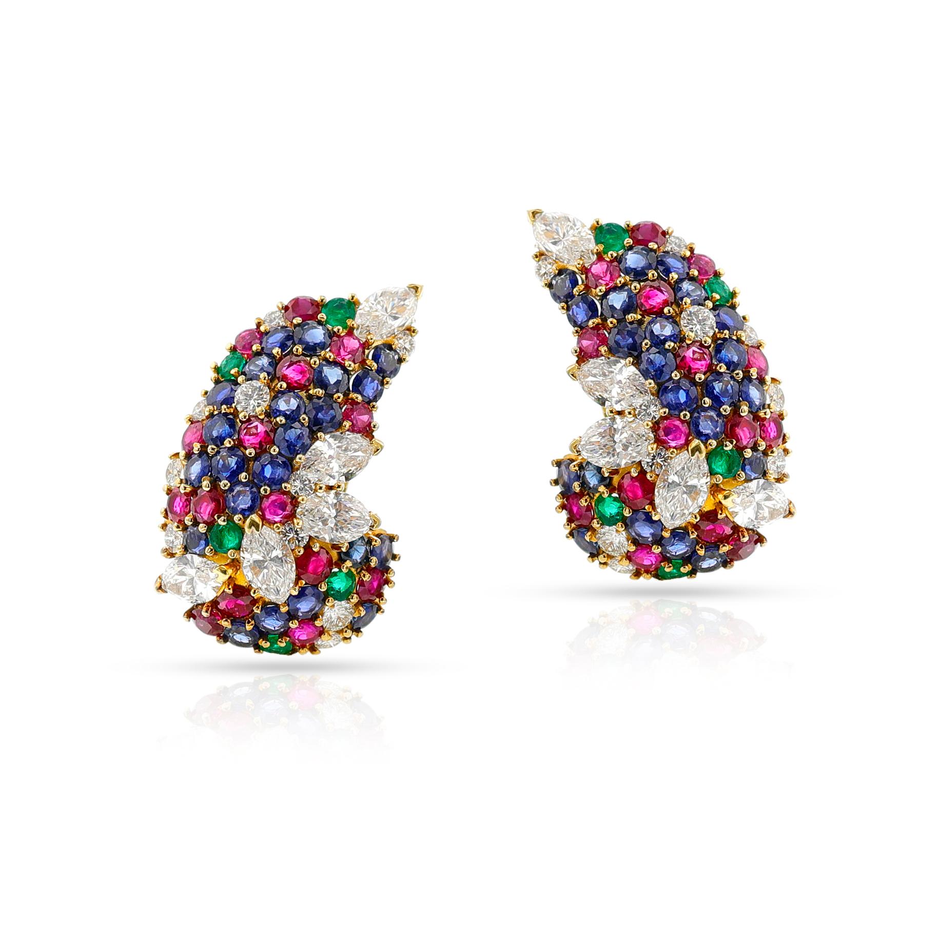 Women's or Men's Round Ruby, Emerald, Sapphire and Marquise Diamond Cocktail Earrings, 18k For Sale