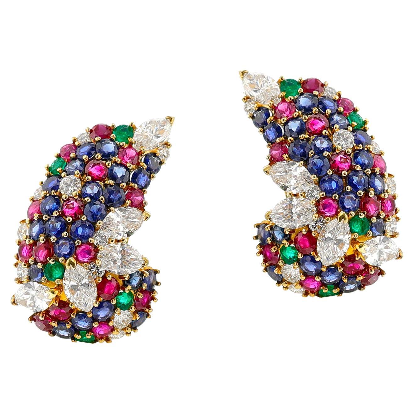 Round Ruby, Emerald, Sapphire and Marquise Diamond Cocktail Earrings, 18k For Sale
