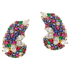 Round Ruby, Emerald, Sapphire and Marquise Diamond Cocktail Earrings, 18k
