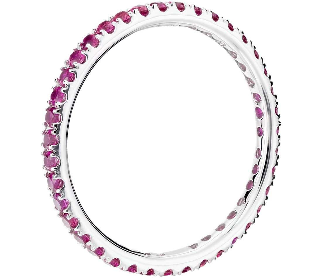 Made to order, please allow 1-2 weeks from date of final design approval by customer. 
Can be made in other sizes and also in other metals or stone colors.
 
A dainty row of brilliant 1.3 mm Ruby are pavé set in this eternity ring crafted of 14k