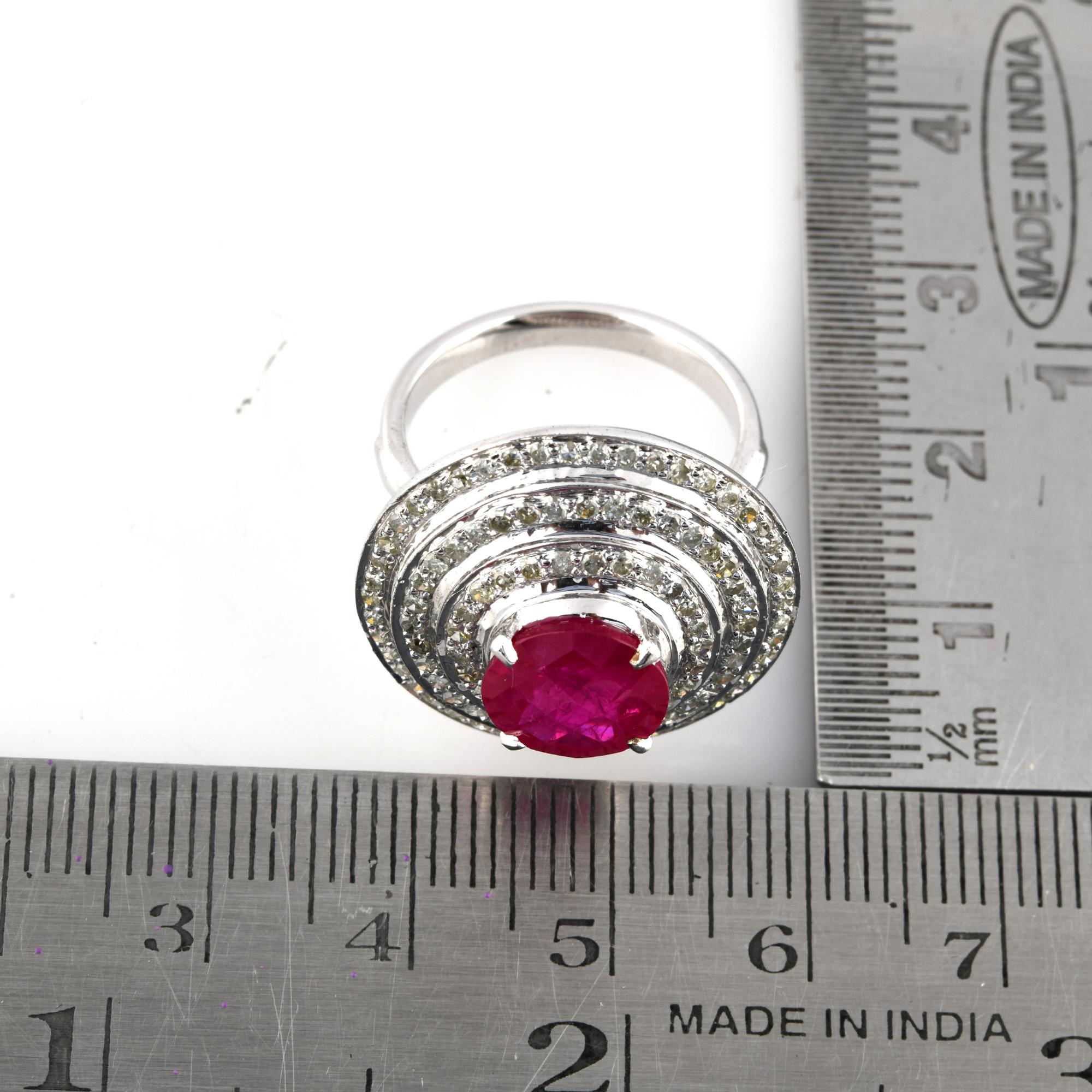 Modern Round Ruby Gemstone Cocktail Ring Diamond 18 Karat Gold Silver Handmade Jewelry