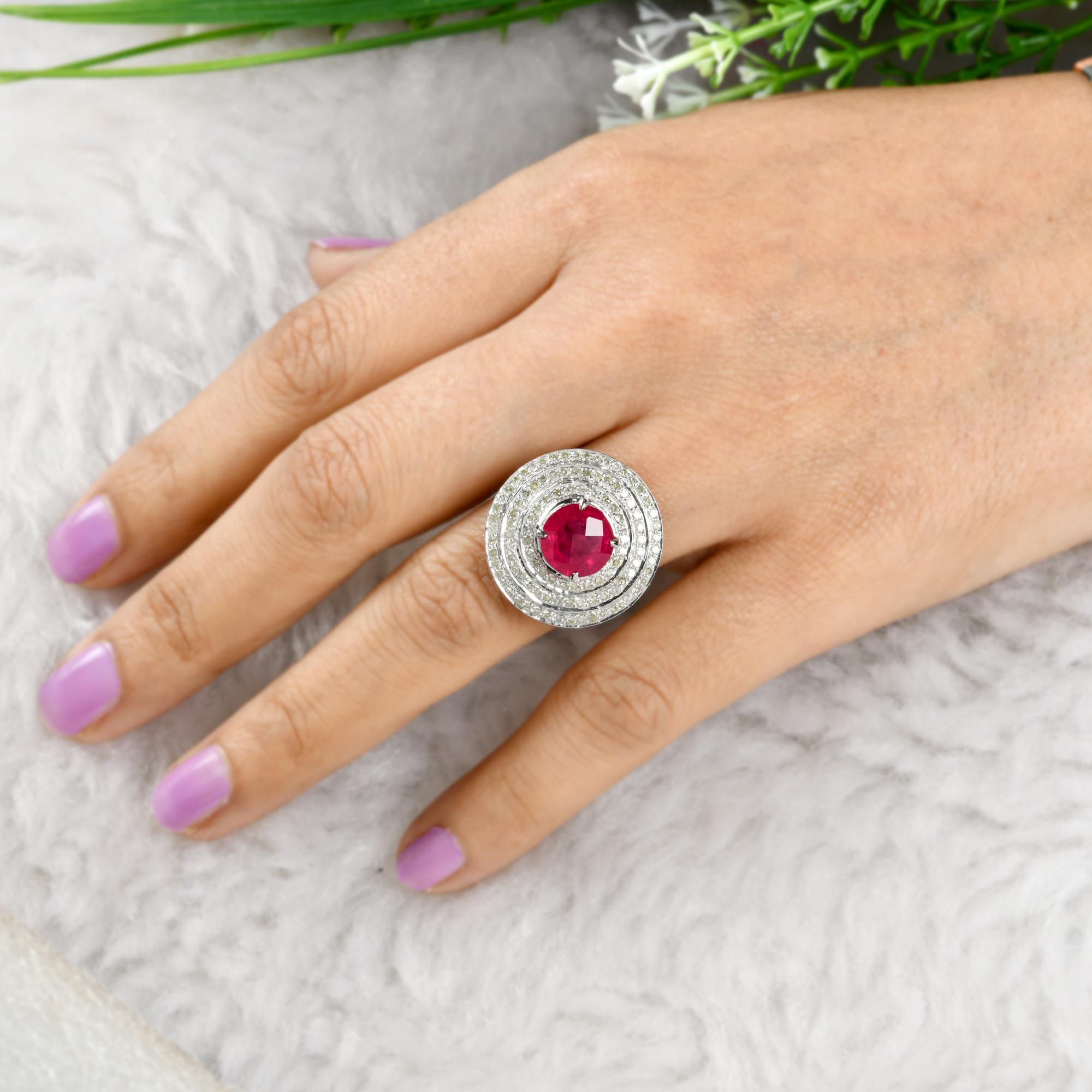 Women's Round Ruby Gemstone Cocktail Ring Diamond 18 Karat Gold Silver Handmade Jewelry