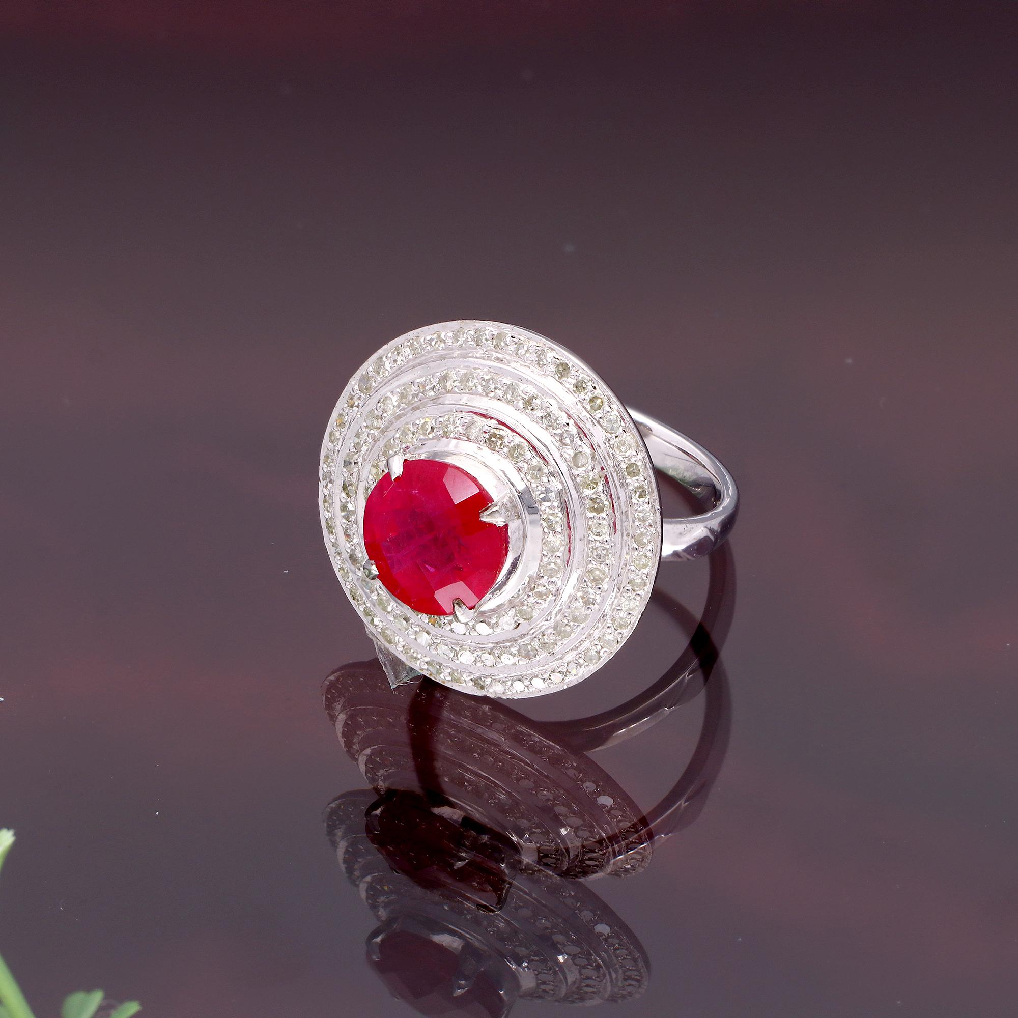 Round Ruby Gemstone Cocktail Ring Diamond 18 Karat Gold Silver Handmade Jewelry 1