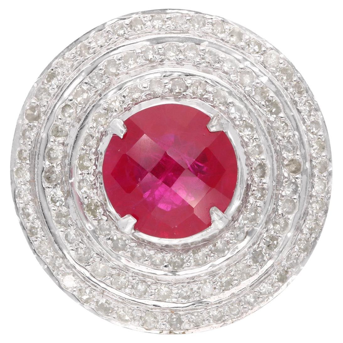 Round Ruby Gemstone Cocktail Ring Diamond 18 Karat Gold Silver Handmade Jewelry