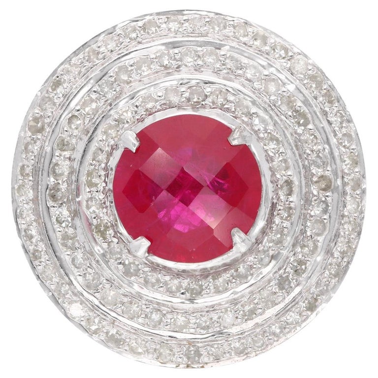 Round Ruby Gemstone Cocktail Ring Diamond 18 Karat Gold Silver Handmade
