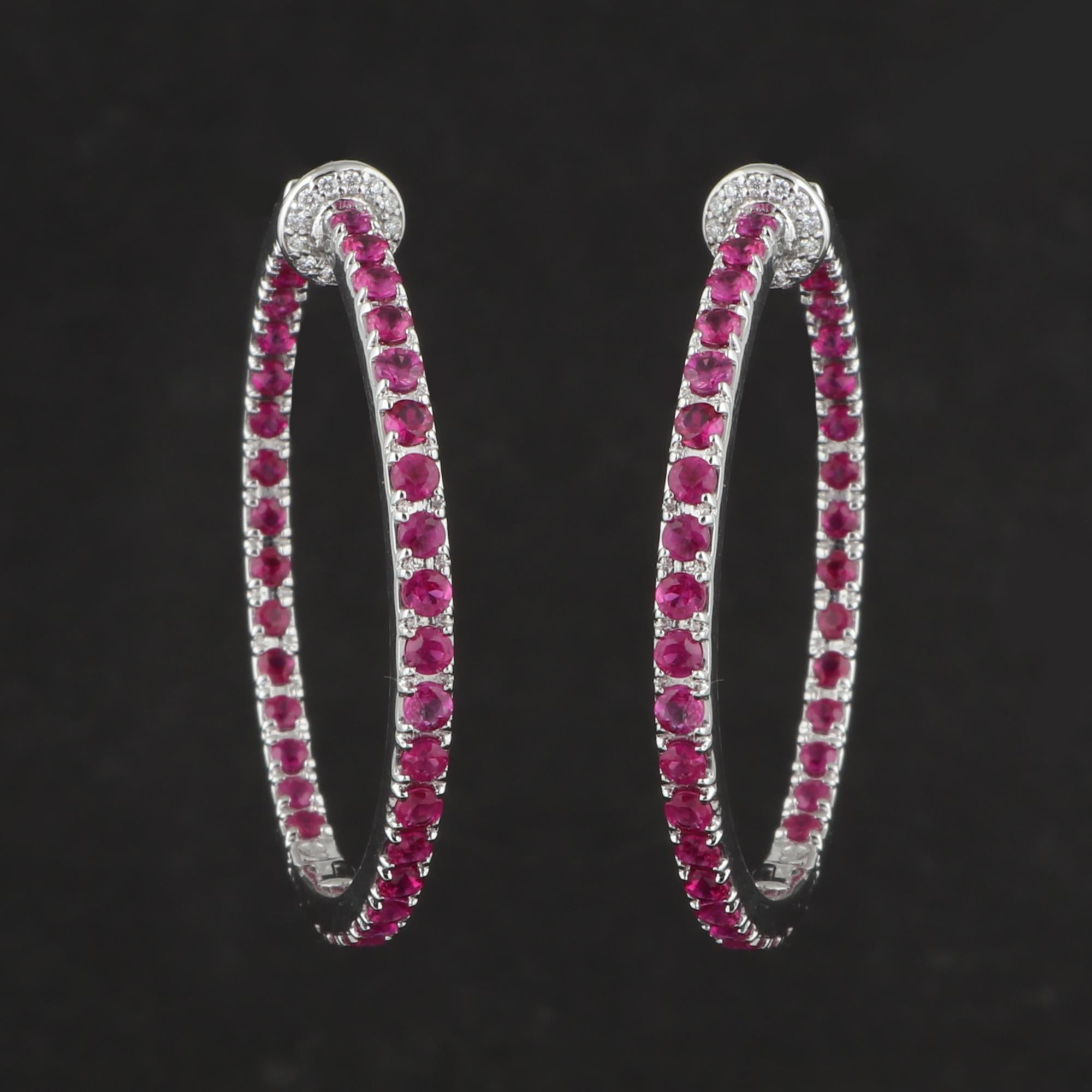 Round Cut Round Ruby Gemstone Hoop Earrings 14 Karat Solid White Gold Handmade Jewelry For Sale