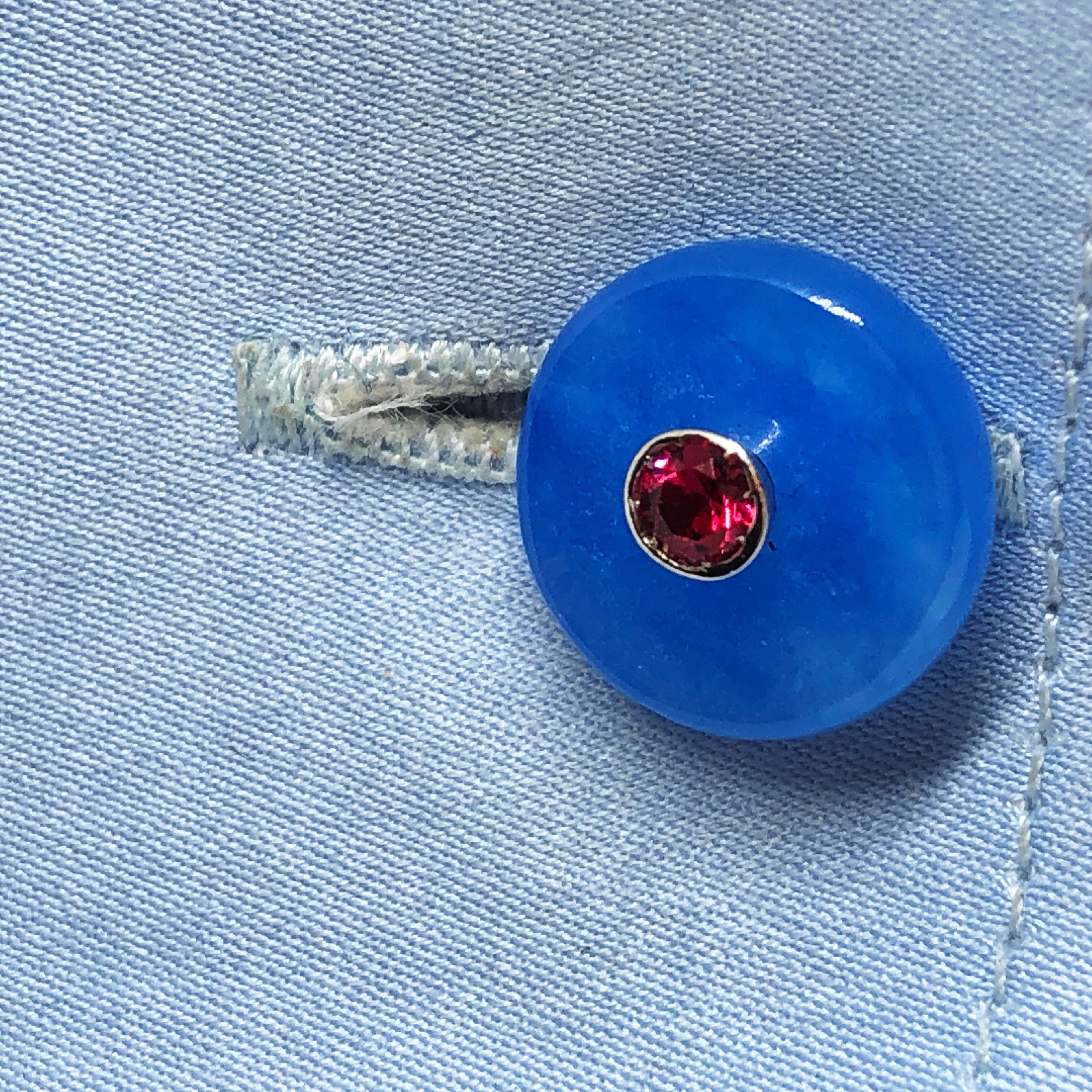 Berca Round Ruby in a 25.50Kt Hand Inlaid Blue Jade White Gold Setting Cufflinks For Sale 3