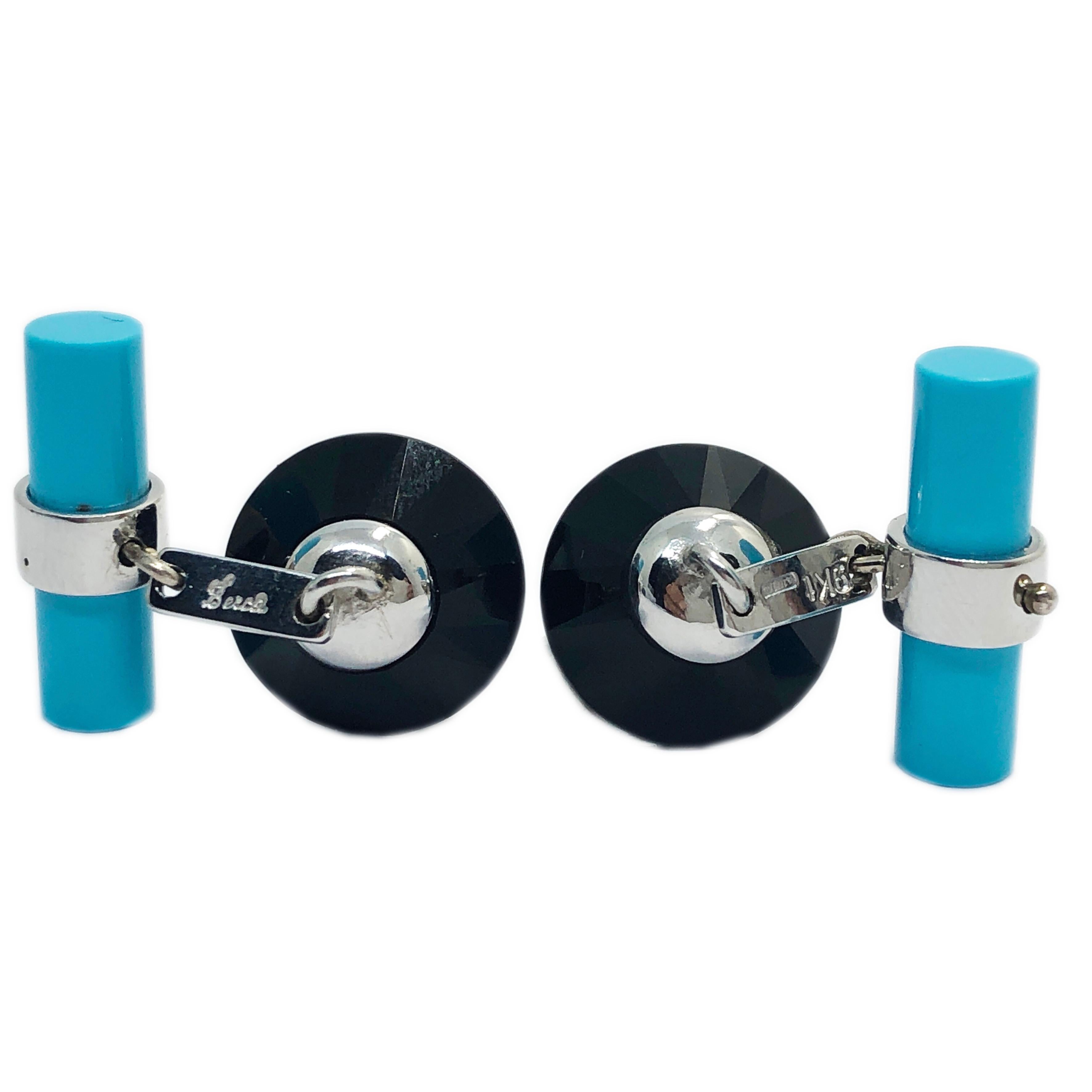 Berca Round Ruby Natural Turquoise Onyx White Gold Faceted Disk Shaped Cufflinks 1