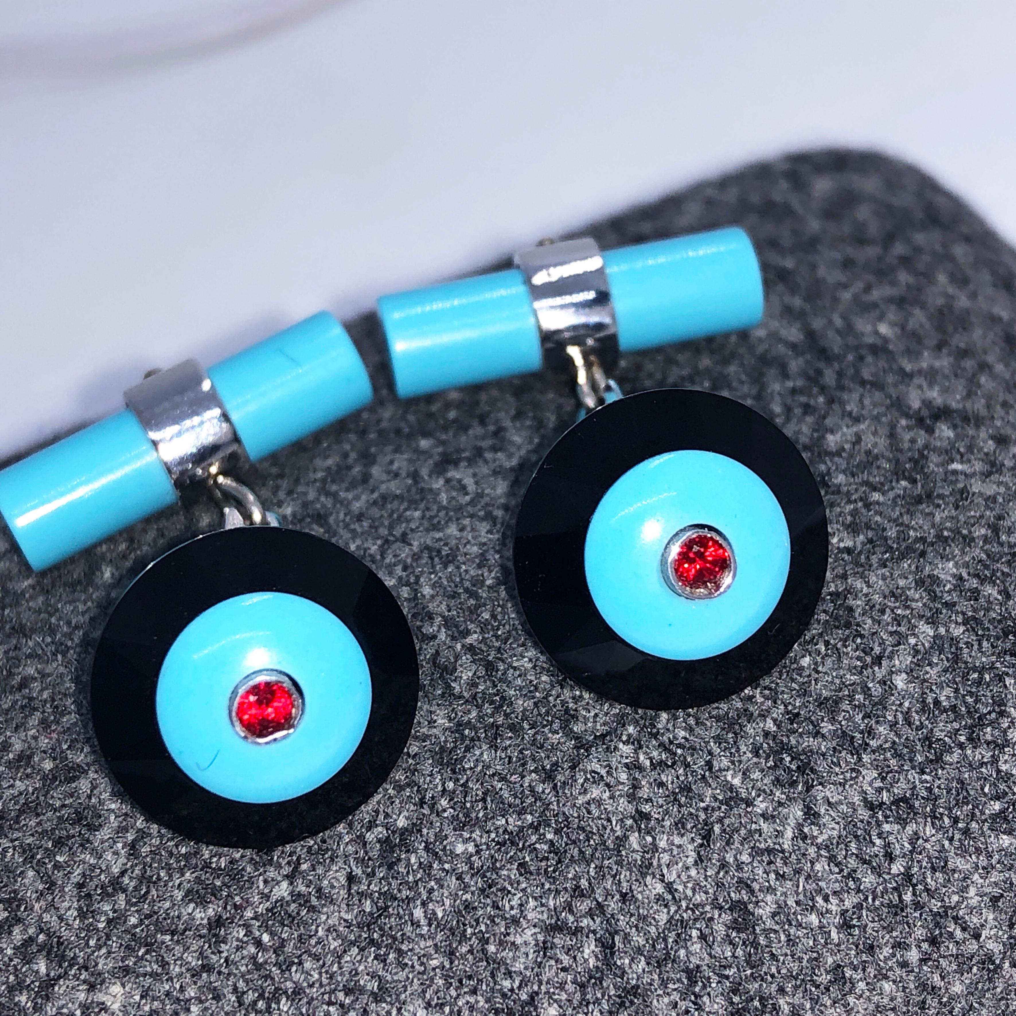 Berca Round Ruby Natural Turquoise Onyx White Gold Faceted Disk Shaped Cufflinks 2