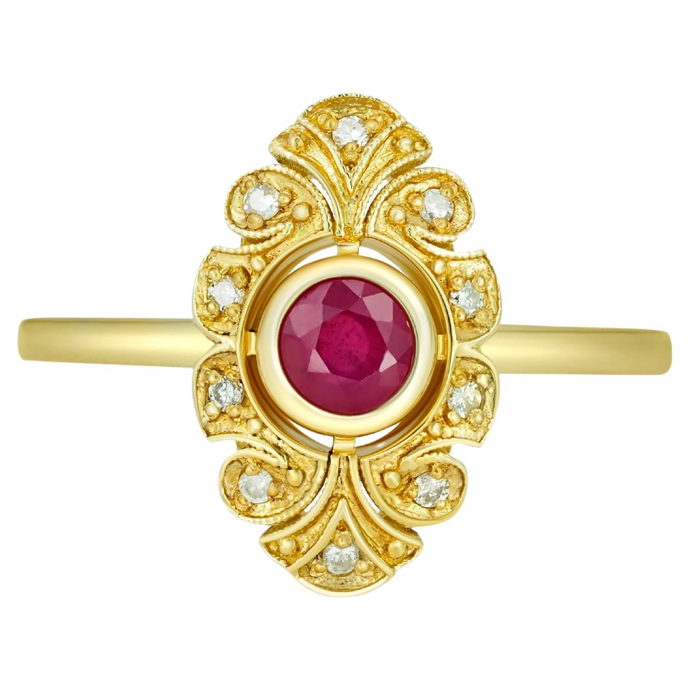Round ruby ring in 14k gold.  For Sale