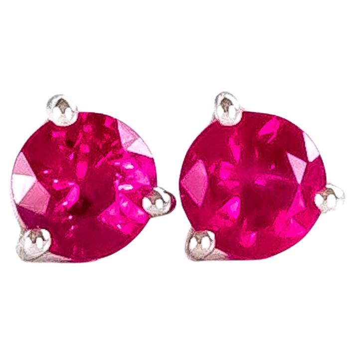 Round Ruby Studs in Platinum For Sale