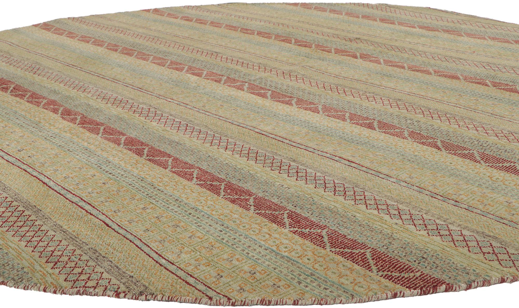 30301 new contemporary round area rug with modern style 07'09 x 07'10. This hand-knotted wool new contemporary round area rug features a striped pattern composed of both wide and narrow bands spread across the abrashed field. The overall design