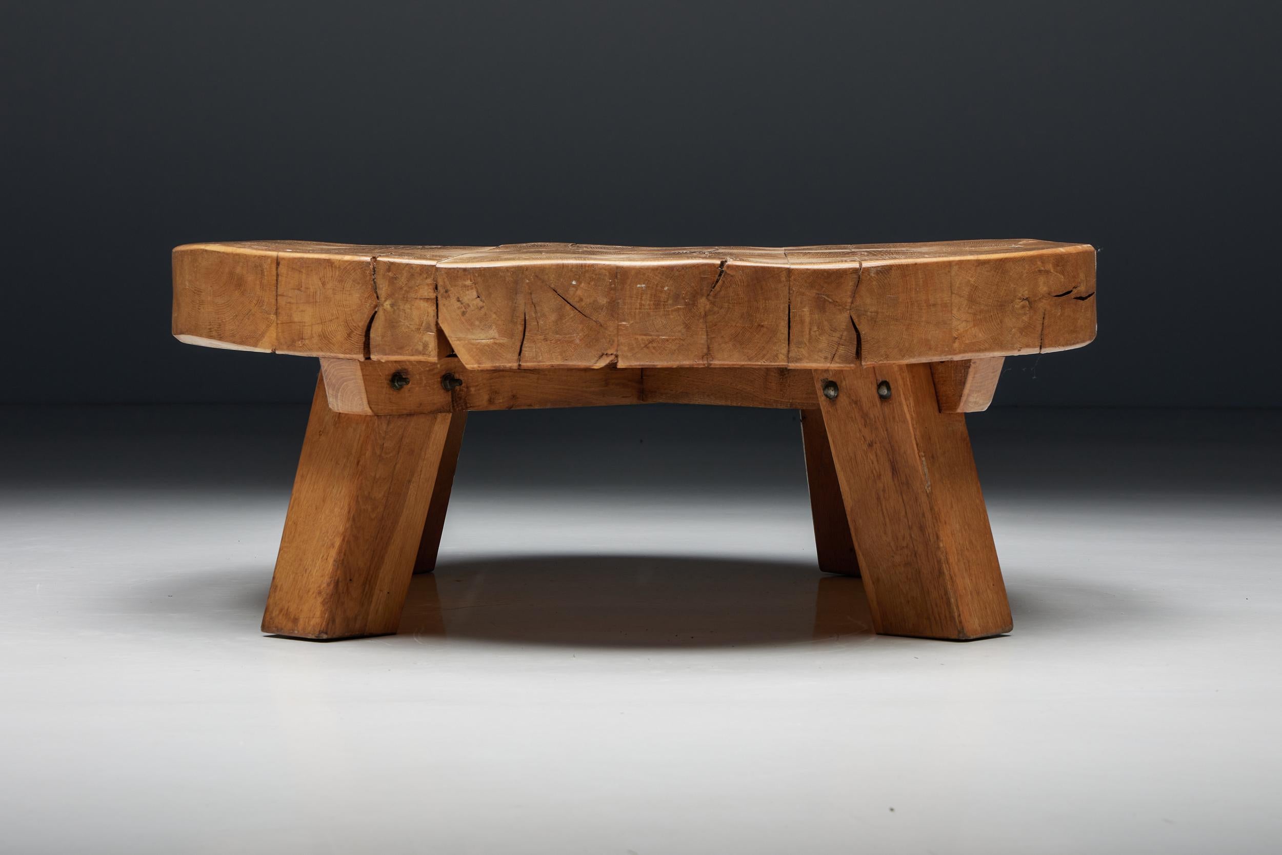 French Round Rural Coffee Table in Wood, France, 1950s